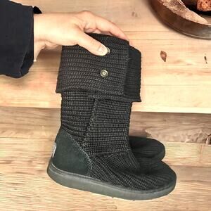 UGG Womens 8 Black Cardy Knit Knee Ankle Boots knit Suede Adjustable Winter